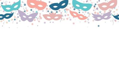 Carnival confetti backgorund with masquerade masks, seamless repeating banner design vector