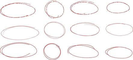 Red highlight circles, doodle set, isolated hand drawn ovals vector