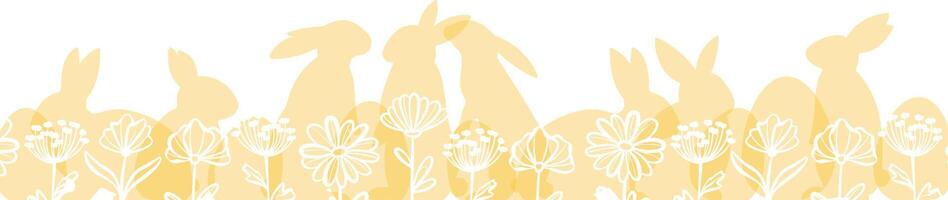 Yellow Easter floral border design, festive background with rabbits eggs and flowers, holiday greeting concept vector
