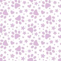 Cute purple paw pattern with flowers and stars, background for cats and dogs, pastel vector