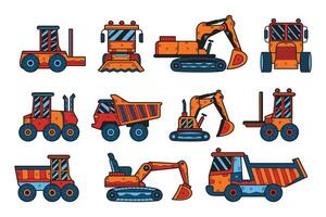 A collection of black and white drawings of construction vehicles vector