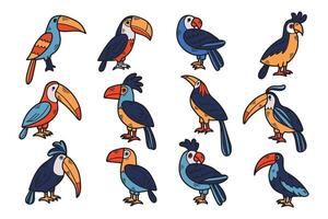 A set of twelve birds with different colors and sizes vector