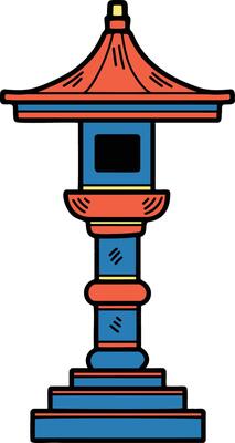 A tall, colorful pole with a red roof