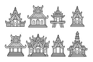 The image is a set of nine different buildings with Asian designs vector
