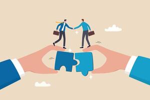 Partnership, teamwork or collaboration to success, solve jigsaw puzzle together, agreement or solution to win corporate trust, cooperation concept, businessman handshake connect jigsaw together. vector