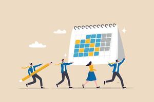 Project schedule, employee timetable, team meeting schedule or appointment, calendar date planning, agenda or project deadline concept, businessman and woman carry big calendar plan with pencil. vector