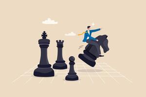 Strategic move, leadership to lead team with strategy, challenge to success, courage and confidence to win business competition concept, businessman riding chess knight lead team to win chess victory. vector