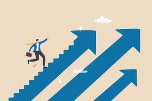 Step to success, improvement, challenge or career growth development, leadership progress, career path direction or stairway to win business concept, businessman walk up arrow stair for victory. vector