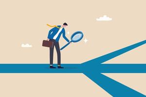 Finding career path or success route, analyze to make decision choices, discover opportunity way, directions or pathway to success concept, businessman analyze career path with magnifying glass. vector