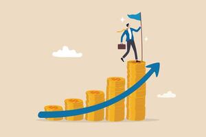 Financial success, profit or compound interest to grow investment fund and reach goal, income or wealth accumulation, stock market earning concept, businessman holding success flag on money stack. vector