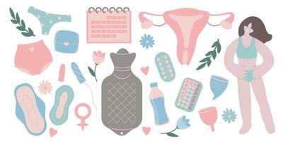 Menstrual period set. Female period elements - tampon, pads, menstrual cup. Menstruation hygiene in critical days. Flat illustration vector