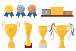 Set of medals, cubs and sport podium, pedestal isolated on background. 1st, 2nd, 3rd place. Handing awards to winner. illustration in flat style. Illustrations for poster, icon, card, banner. vector