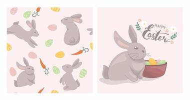 Seamless pattern with rabbit cartoons and carrots and eggs on pink background. Rabbit sitting with easter eggs on pink background illustration set. vector