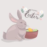 Cute gray bunny character admiring the Easter egg. Colorful flat illustration. Cartoon character rabbit easter concept for print, t-shirt, design, sticker and decorating vector