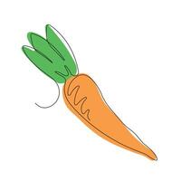 Carrot in continuous line art drawing style. Whole carrot and leaves minimalist black linear sketch with colored spots isolated on white background. illustration vector