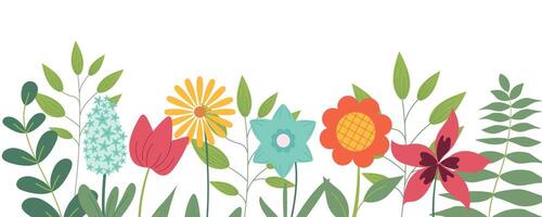 Colorful illustration with flowers and leaves at bottom of picture on white background. Cute hand drawn pattern design for spring design, illustration. vector