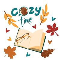 Cozy Time Lettering surrounded by book, cup of coffee, autumn leaves and glasses. Autumn cozy mood. illustration in flat style. vector