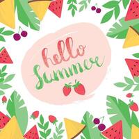 Hello Summer card with decorative frame with watermelon. pineapple, berries and leaves. illustration on white background. Trend calligraphy. vector