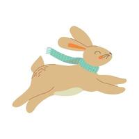 linda pequeño Conejo en azul de punto bufanda. Bienvenido otoño concepto. dibujos animados animal personaje para niños camisetas, guardería decoración, saludo tarjeta, invitación, casa interior. valores ilustración vector