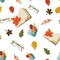 Seamless pattern with leaves, glasses, book. Perfect for wallpaper, gift paper, pattern fills, web page background, autumn greeting cards. Pattern in swatches. vector