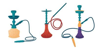 Set of Hookah illustrations in flat style isolated on white background. Lounge bar and smoke shop icons, hookah club and house emblems . Instrument for vaporizing and smoking flavored tobacco vector