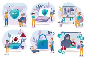 Cybersecurity set. Virtual private network,strength password, personal data protection. illustration in cartoon style. vector