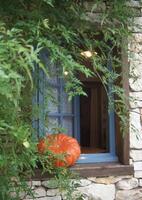 a pumpkin sitting in a window photo