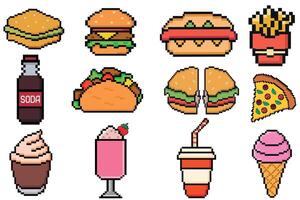 rápido comida píxel Arte conjunto de iconos, rápido restaurante pixelado elementos hamburguesa, caliente perro, tacos, pizza, café, soda. Clásico juego bienes 8 bits duende. vector