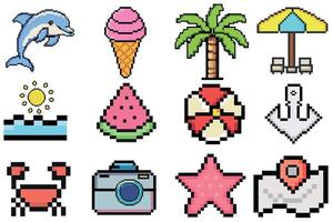 Summer pixel set of icons, vintage, 8 bit, 80s, 90s games, computer arcade game items, beach umbrella, sun, anchor, Dolphin, palm, seashell, starfish, ice cream, watermelon. Y2K Fashion Icon vector