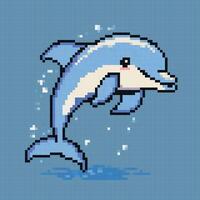 Pixeled Cartoon Dolphin character. Summer vacation icons set in pixel art design isolated on blue background, 80s-90s, digital vintage game style. vector