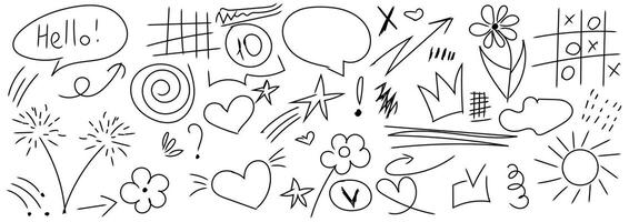 Charcoal graffiti doodle punk and grunge shapes collection. Doodle elements, crown, emphasis arrow, speech bubble, scribble. Handdrawn cute cartoon pencil sketches of decorative icons. vector