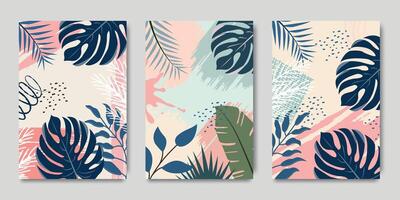 Botanical background in contemporary minimal style. Modern shape line art, foliage, botanical, tropical leaves. Design for wall framed prints, canvas prints, poster, home decor, cover, wallpaper vector