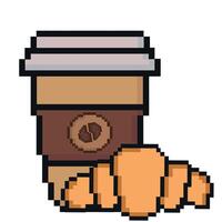 Pixel coffee icon with croissant. Trendy retro pixel art design style. 80s-90s, digital vintage game style. Vintage game assets 8-bit sprite. vector