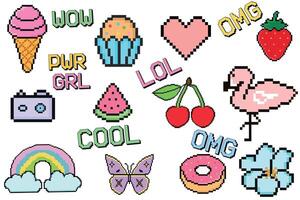 Pixeled summer stickers set in trendy retro pixel art design style. 80s-90s, digital vintage game style. Ice cream, flamingo, donut, rainbow, watermelon. Modern illustration. Summer vacation. vector