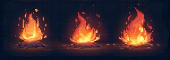 Pixel art fire. Red explosion and bonfire, burning campfire with flame, ignitions and sparks on dark night background. 8 bit pixel 80s, 90s game vector