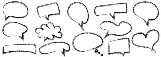 Hand drawn doodle grunge speech bubbles and dialogue emphasis. Charcoal pen line chat ballons. Marker scratch scribble wipeout. Round scrawl cloud frames. vector