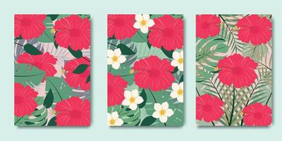Summer tropical background template set with tropical flowers and leaves. Modern art minimalist style design templates for celebration, ads, branding, banner, cover, label, poster, sales vector