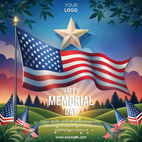 A poster for Memorial Day featuring a flag and a star psd