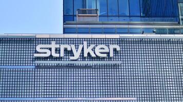 Warsaw, Poland. 11 April 2024. Sign Stryker. Company signboard Stryker photo