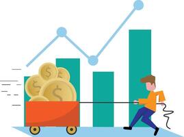 Man is pulling a coin cart in front of a bar chart. finance design concept vector