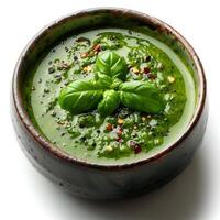 green soup with green spinach and vegetables in a bowl isolated on white background with shadow. Organic and vegeterian soup photo