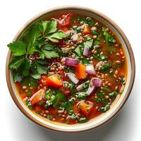 tomato soup with basil in bowl isolated on white background with shadow. Red tomato vegetable soup in bowl photo