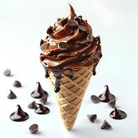 Chocolate ice cream cone with chocolate pieces and sprinkles isolated on white background. Chocolate ice cream dripping photo