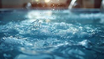 Water splash in the pool. Closeup of water explosion in a pool full of water. Water drip photo