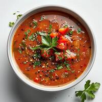 tomato soup with basil in bowl isolated on white background with shadow. Red tomato vegetable soup in bowl photo