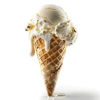 Vanilla ice cream cone with dripping. Vanilla ice cream melting photo