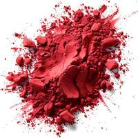 Red powder isolated on white background with shadow. Red powder pigment top view. Red powder for eyeshadow use photo