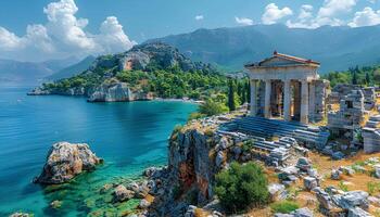 Ruins of an Ancient Greek temple. Ancient Roman forum ruins on the Mediterranean Sea. Temple to god Apollo. Old architecture on the sea with blue sky and crystal clear ocean photo