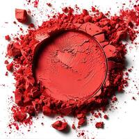 Red powder isolated on white background with shadow. Red powder pigment top view. Red powder for eyeshadow use photo