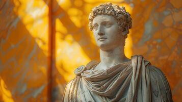 Ancient Greek statue of an ancient Roman senator in marble. Ancient roman Emperor statue in stone isolated on simple background. Ancient Greek architecture photo